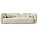 A front view of the Elissa 93-inch Japandi ivory boucle sofa, showcasing its low-profile, minimalist design with curved asymmetrical backrests, rounded arms, and textured cream upholstery, decorated with round and bolster throw pillows on a clean white background.