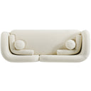 A top view of the Elissa 93-inch Japandi ivory boucle sofa, showcasing its minimalist design with curved asymmetrical backrests, rounded arms, and textured cream upholstery, decorated with round and bolster throw pillows on a clean white background.