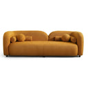 Elissa 93-inch Japandi mustard yellow boucle sofa with round and bolster pillows in a white background.