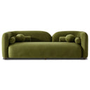 Elissa 93-inch Japandi olive green velvet sofa featuring a curved, rounded back, single bench cushion, spherical pillows, and bolsters on a white background.