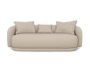 Front view of the Ellie sofa, featuring a curved, sculptural design, off-white linen fabric, and three plush throw pillows, on a white background.