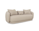 A three-quarter view of the Ellie sofa, highlighting its continuous curved silhouette, soft linen texture, and its recessed, floating-style base.