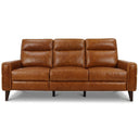 Elton 79-inch waxy tan leather left-facing incliner sofa, featuring a three-seater design, track arms, and tapered wooden legs against a solid white background.