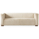 Enno 91 Mid-Century Modern cream velvet sofa with vertical channel tufting on the seat, back, and arms, supported by low-profile wooden legs, isolated on a white background.