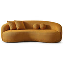Enzo 89-inch Japandi curved gold boucle sofa in textured mustard yellow fabric with matching rectangular and round throw pillows on a white background.