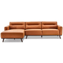 Front view of the Erika 109-inch left-facing sectional sofa upholstered in cognac brown PU leather with dark wood tapered legs on a white background.
