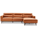 Erika 109-inch modern right-facing sectional sofa upholstered in cognac brown PU leather with a chaise lounge, dark wood base, and tapered legs on a white background.