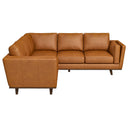 Eugina 92-inch tan genuine leather corner sectional sofa with plush seat cushions and tapered dark wood legs on a white background.