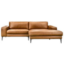 Front view of the Evelina 99-inch cognac vegan eco-leather sectional sofa with a right-facing chaise lounge and black metal legs on a white background.