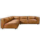 Fiorella 103-inch cognac vegan eco-leather corner sectional sofa featuring plush cushioned seating, wide square arms, and modern low-profile design isolated on a white background.
