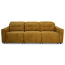 Franca 107-inch gold velvet power slider sofa featuring ribbed corduroy-texture upholstery, three deep cushioned seats, and modern track arms on a white background.