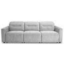 Franca 107-inch light grey velvet power slider sofa, featuring a modern 3-seater design with tufted back cushions and plush upholstery, shown from the front on a white background.