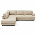 Gamila 110-inch beige genuine top-grain leather left-facing sectional sofa with chaise lounge on a white background.