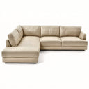Gamila 110-inch beige genuine top grain leather left-facing sectional sofa with chaise lounge on a white background.