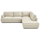 Gamila 110-inch beige genuine top-grain leather right-facing sectional sofa featuring plush cushioned seating and a right-side chaise lounge against a white background