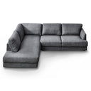 Gamila 110-inch modern grey fabric left-facing sectional sofa featuring a deep chaise lounge and cushioned back pillows on a white background.