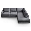 Gamila 110-inch modern grey fabric right-facing sectional sofa with chaise lounge on a white background