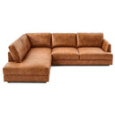 Gamila 110-inch tan genuine top-grain leather left-facing sectional sofa with chaise lounge and plush cushions on a white background