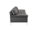 A side view of the Giorgia modern leather sofa, detailing the grid-stitched seat, the profile of its plush arm and back cushions, and its sleek metal stiletto legs.