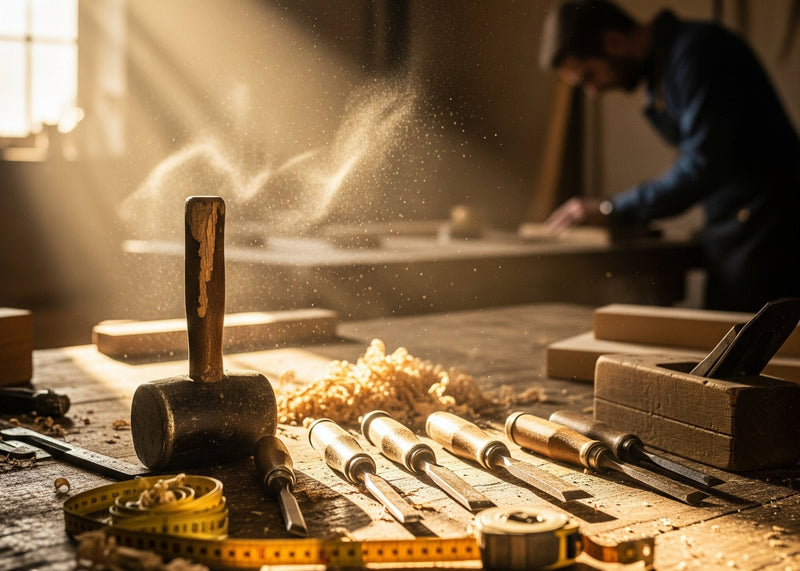 Woodworking tools on a workbench with a person in the background.