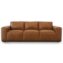 Hanna 90-inch mid-century modern tan genuine leather three-seater sofa with boxy armrests and a dark wood base, isolated on a white background.