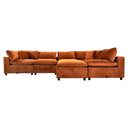 Hera burnt orange velvet modular sectional sofa with plush deep-seated cushions, matching back pillows, and an ottoman chaise on a white background.