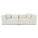 Modern June 98-inch beige chenille sofa with a modular low-profile design, angled armrests, and matching plush throw pillows, isolated on a white background.