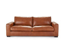 A front view of the Kennon contemporary leather sofa in a cognac color, featuring wide track arms, plush cushions, and low block feet, on a white background.
