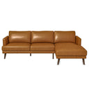 Front view of the Lara 106-inch L-shaped right-facing sectional sofa upholstered in warm tan genuine leather, featuring three plush back cushions, track arms, an extended right-side chaise lounge, and tapered dark wood mid-century modern legs against a white background.