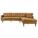 Lena 102-inch genuine tan leather right-facing sectional sofa with button-tufted cushions, extended chaise lounge, and tapered wooden legs on a white background.