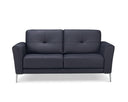 A black contemporary modern leather loveseat with buttonless tufting and chrome metal legs in a white back ground