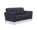 A black contemporary modern leather loveseat with buttonless tufting and chrome metal legs in a white back ground