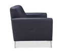 Side view of a black contemporary modern leather loveseat with buttonless tufting and chrome metal legs in a white back ground