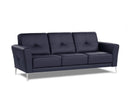 A black contemporary modern leather sofa with buttonless tufting and chrome metal legs in a white back ground