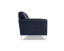 Side view of a black contemporary modern leather sofa with buttonless tufting and chrome metal legs in a white back ground