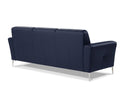 Back view of a black contemporary modern leather sofa with buttonless tufting and chrome metal legs in a white back ground