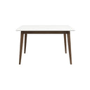 Front view of the Leroy 47-inch rectangular dining table, featuring a smooth white tabletop with beveled edges supported by a dark brown wood apron and four angled, tapered wooden legs against a plain white background.
