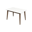 Mid-century modern 47-inch rectangular dining table featuring a smooth white beveled tabletop supported by four angled, tapered dark brown wood legs and matching apron, isolated on a plain white background.

