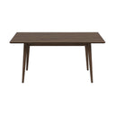 Front view of the Leroy 63-inch mid-century modern rectangular dining table in dark walnut wood, featuring a smooth tabletop with beveled edges and four slightly splayed, tapered legs against a plain white background.
