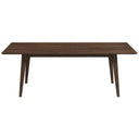 Front view of the Leroy 87-inch mid-century modern rectangular dining table in dark walnut wood, featuring a sleek beveled tabletop with natural wood grain and four angled, tapered legs against a plain white background.
