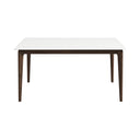 Modern rectangular dining table featuring a sleek white tabletop with gently rounded corners, supported by a dark brown wood frame with four tapered legs, isolated against a plain white background.
