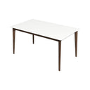 Lina 60-inch rectangular dining table featuring a sleek white tabletop with softly rounded corners, supported by a dark walnut wood frame and four tapered wooden legs, isolated against a plain white background.
