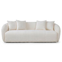 Lina 84-inch ivory boucle sofa with a modern curved silhouette and rounded arms, featuring four matching square throw pillows on a solid white background.