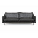 A front view of a black leather Linea Sofa with a minimalist design, featuring a sleek backrest and seat with metallic accents.