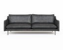 A black, upholstered Renato Sofa with a minimalist design, featuring a sleek backrest and seat with metallic accents.
