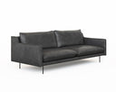 A black, upholstered Renato Sofa with a minimalist design, featuring a sleek backrest and seat with metallic accents.