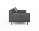 A black, upholstered Renato Sofa with a minimalist design, featuring a sleek backrest and seat with metallic accents.