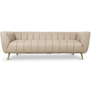 Lorena 86-inch beige genuine Italian leather sofa featuring vertical channel tufting and tapered gold metal legs, isolated on a white background.