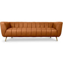 Lorena 86-inch cognac genuine Italian leather sofa featuring vertical channel tufting and tapered gold metal legs, isolated on a white background.