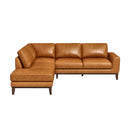 Luca 98-inch tan genuine leather left-facing sectional sofa with dark wood tapered legs on a white background